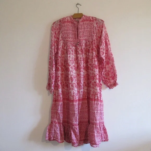 70s Vintage Indian Gauze Pink and Lavender and Gold Lurex Dress - Picture 1 of 5
